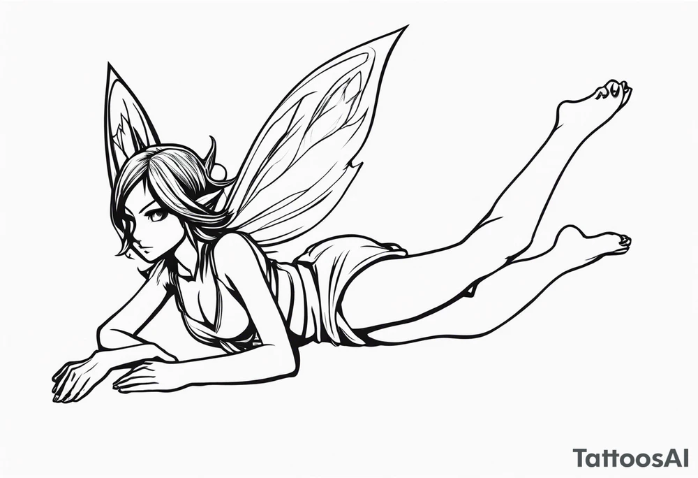 No color sideways sketch of a fairy with a tail inspired by the guild symbol in the anime show called Fairy Tail in a fetal position leaning forward while crawled in with hands a bit forward and her body is an angle while floating in the air tattoo idea