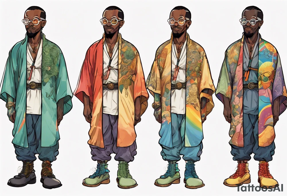 a medieval black man wearing round glasses and a rainbow tunic and scaled boots tattoo idea