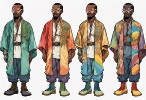 a medieval black man wearing round glasses and a rainbow tunic and scaled boots tattoo idea