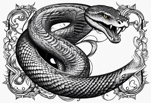 sleeve tattoo with a snake, gun, weed symbol tattoo idea