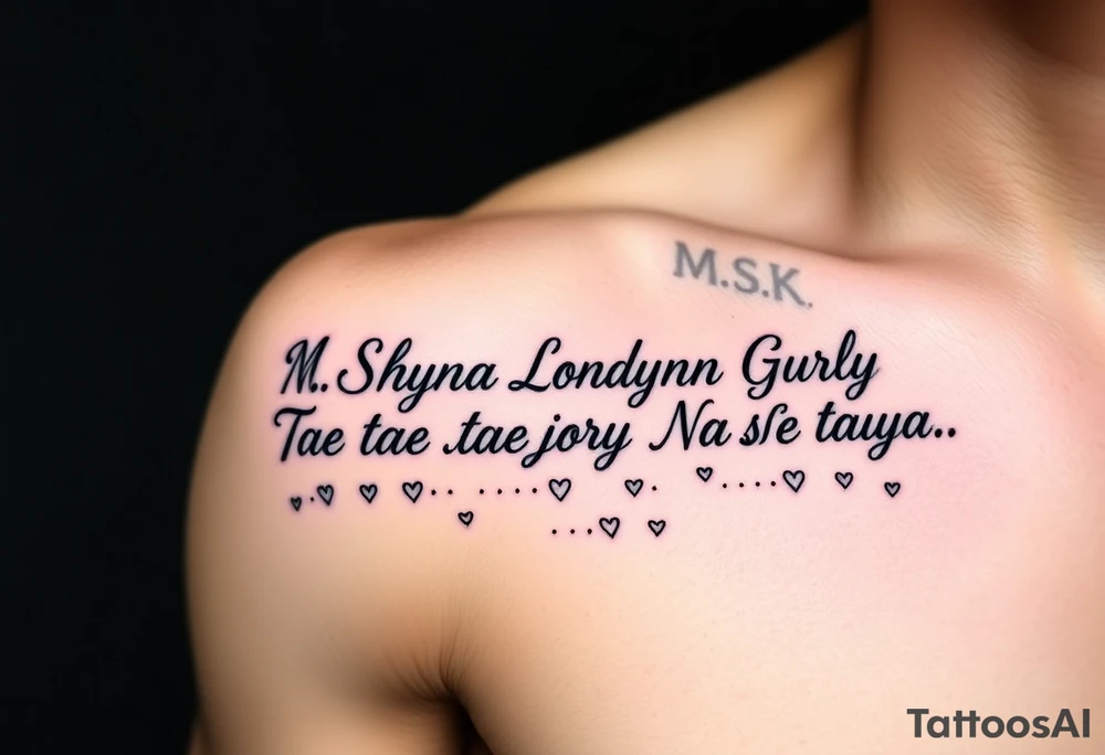 Cursive words that say, 

M.S.K

Chyna

Londyn

Gurly 

Tae tae 

Na jorya 

Na taya
 surrounded by little hearts & stars tattoo idea
