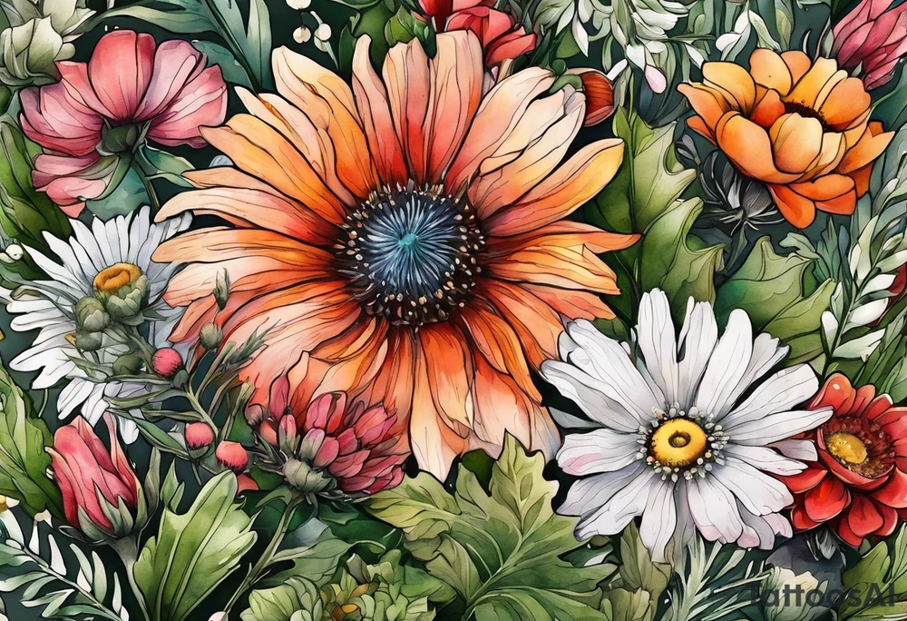 wildflowers with thistles, ferns, white anemones, sun flowers, orange flowers, green flowers, pink flowers, red flowers, babys breath and daisies all in watercolor tattoo idea
