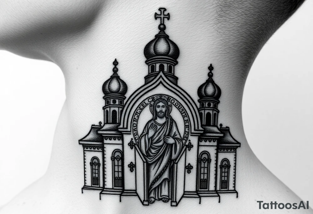medium sized Russian orthodox church with bulb domes with a prominent russian orthodox mosaic jesus tattoo idea