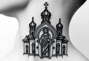 medium sized Russian orthodox church with bulb domes with a prominent russian orthodox mosaic jesus tattoo idea