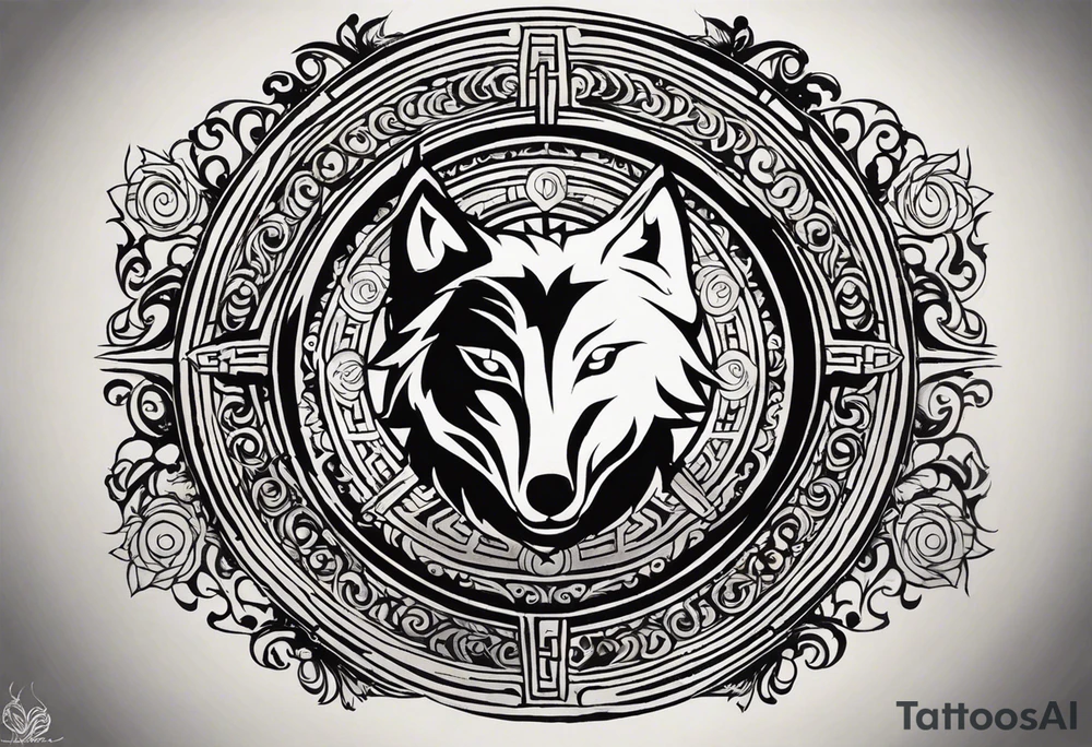 a tattoo whose main theme is balance but also resembles new begining, strong willpower, peace and loyalty. This should be for the front part of the shoulder. maybe add the ying-yang symbol somewhere in the tattoo. Tattoo should have an equal amount of blue and red along with the overall tattoo being black. In corporate a wolf into the tattoo, make sure it resembles ing and yang. wolf needs to look dangerous tattoo idea