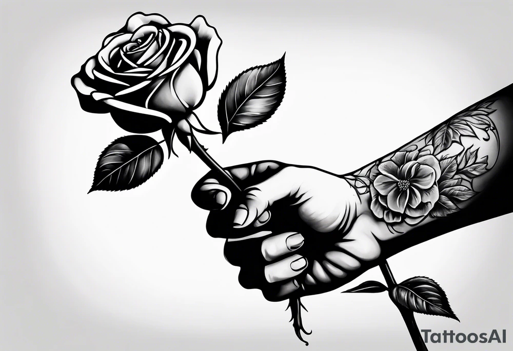 a human hand holding on to a single, long stem rose stem tattoo idea