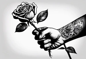 a human hand holding on to a single, long stem rose stem tattoo idea