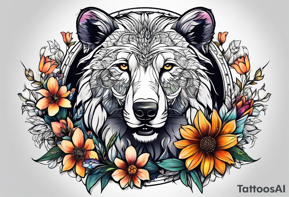Wild brave animal in wildflowers tattoo idea