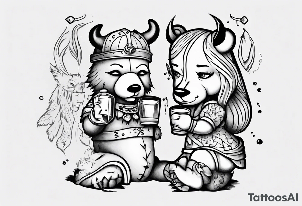 Viking and pin up doll drinking bear tattoo idea