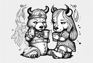 Viking and pin up doll drinking bear tattoo idea