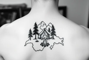 Simplistic, black and white tattoo. A little camping tent, with a fire, in the woods, surrounded by alps and a couple pine trees. The tattoo must be inside the contour of the Switzerland map tattoo idea