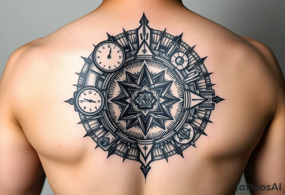 Abstract geometric engine cross-section, multiple chambers showing active transformation - raw materials entering, pressure gauges maxed out, diamond crystallizing in center chamber, fuel lines forming mandala patterns, small alchemical symbols (sulfur, mercury, salt) integrated into mechanical parts, everything in motion with dynamic flow lines, black and grey tattoo with energy radiating tattoo idea