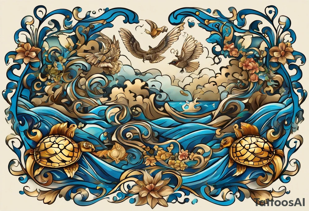 the tatto will be large in the middle there are sea horses pulling a chariot. on the upper right is a blue nose and a rock sourrounded by water, on the upper left is a turtle with a golden shell and on the bottom is a ribbon with a sparrow on each side holding it up tattoo idea