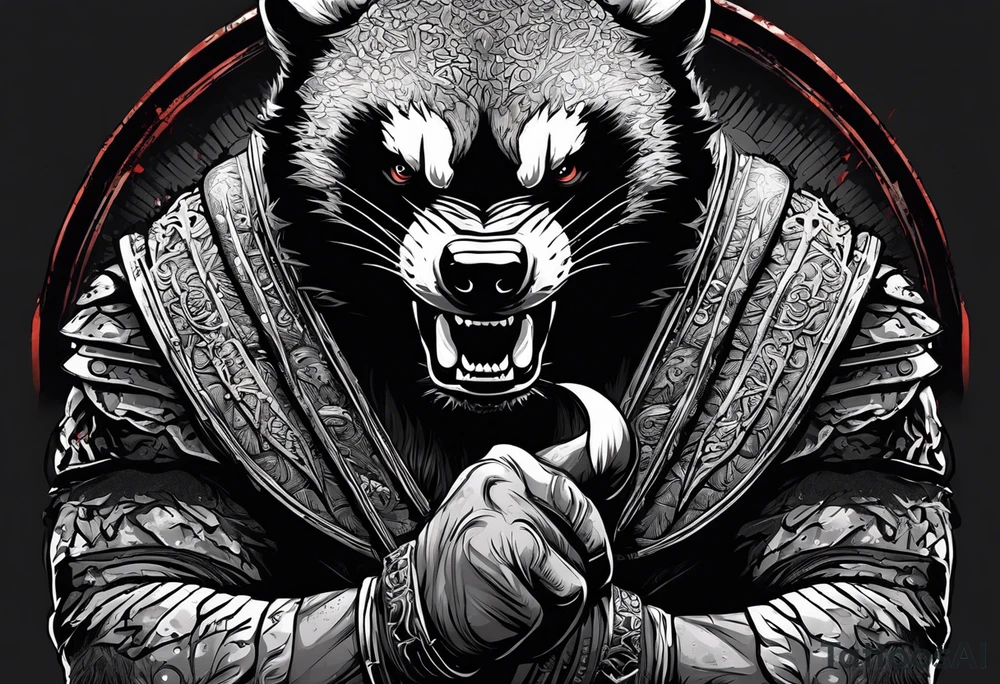 Draw me psychopath Honey Badger/Berserker/Fearless with aggressive full body, killer face with a scary smile, very long nails and he attacks like a Bloody Assassin/Warrior/Gladiator to us and also, he has very deadly looking. He fights with his nails only. Everybody scares after their first sight. Give me horror type Badger Tattoo. I want to see his Realistic full body with no weapons. You can show destruction at the back. tattoo idea
