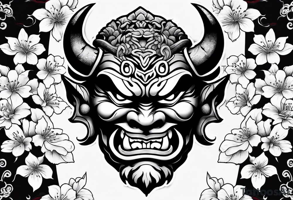 Oni mask with a cherry blossom background tattoo idea Oni mask with a cherry blossom background tattoo idea