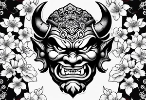 Oni mask with a cherry blossom background tattoo idea