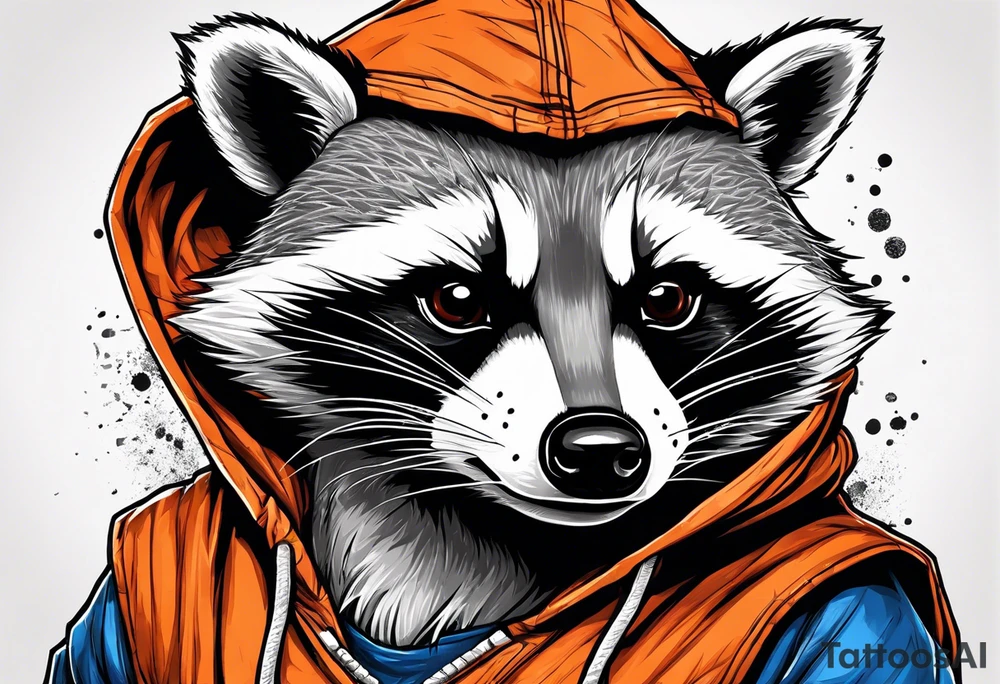 Raccoon wearing an orange Superman hoodie tattoo idea