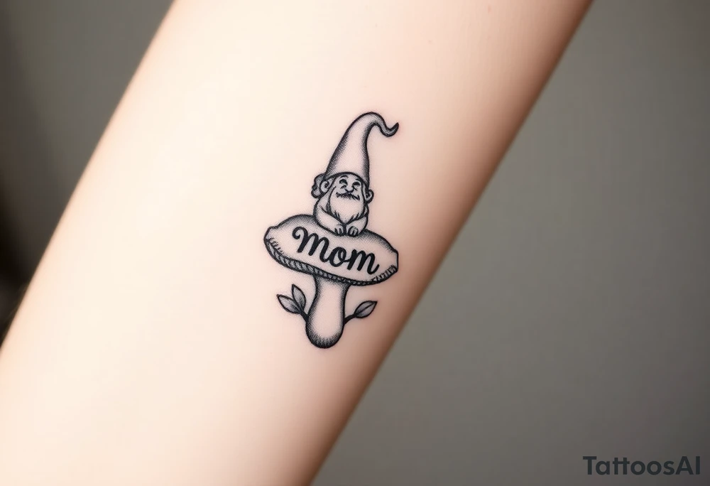 Mushroom with word mom on it with gnome sitting on top tattoo idea