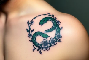 A dark green Ouroboros snake in cyrcle intertwined with vines and blooming flowers, symbolizing the cycle of life and growth. tattoo idea