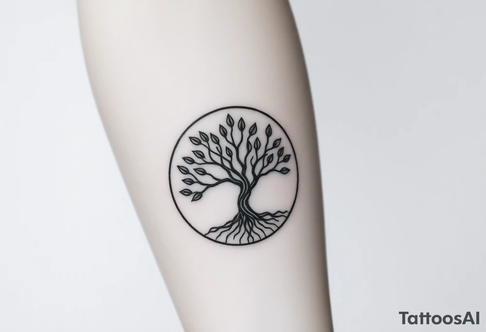 Tree with few leaves, encircled in a circle, with a line starting from the roots, and spiraling outward in a 
clockwise direction tattoo idea