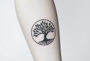 Tree with few leaves, encircled in a circle, with a line starting from the roots, and spiraling outward in a 
clockwise direction tattoo idea