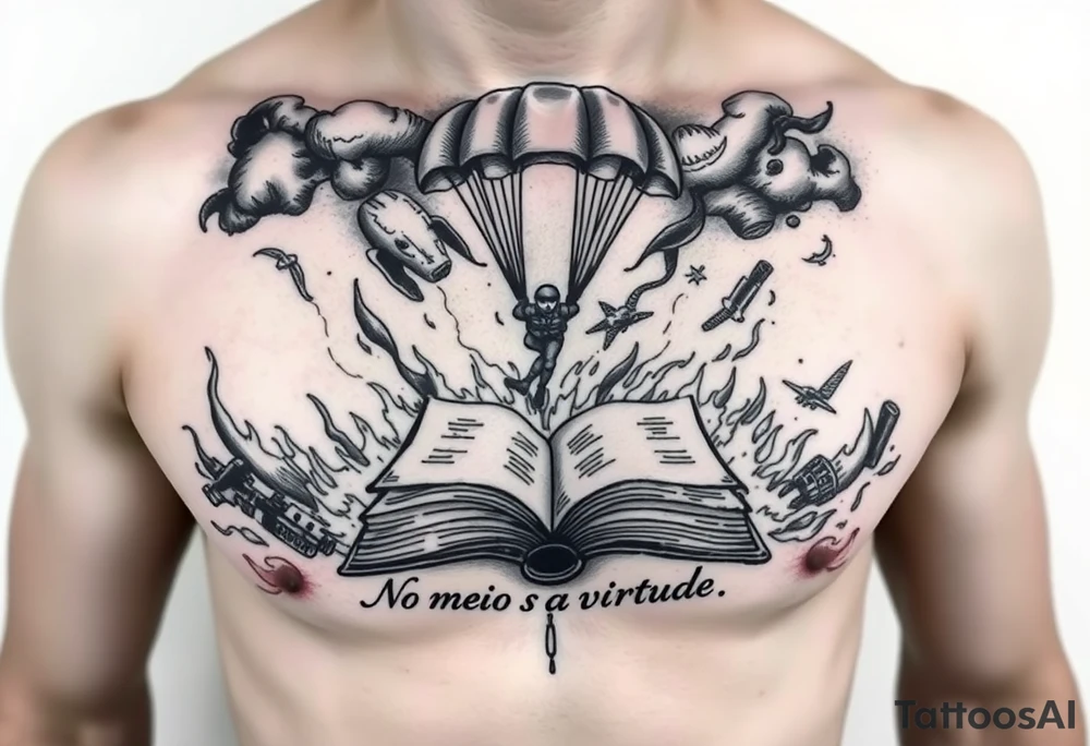 A parachuting soldier landing into an open book. Chaos surrounding, but the book is protecting the soldier from it. On the chest. Make it smaller. Make it thought provoking. "No meio esta a virtude" underneath the book. Make the chaos in the environment be fire tattoo idea