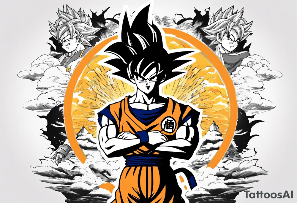 Son-Goku as a super saiyajin . A huge dragonball surrounds the whole scenery. Gokus friends are surrounding him as shadows tattoo idea