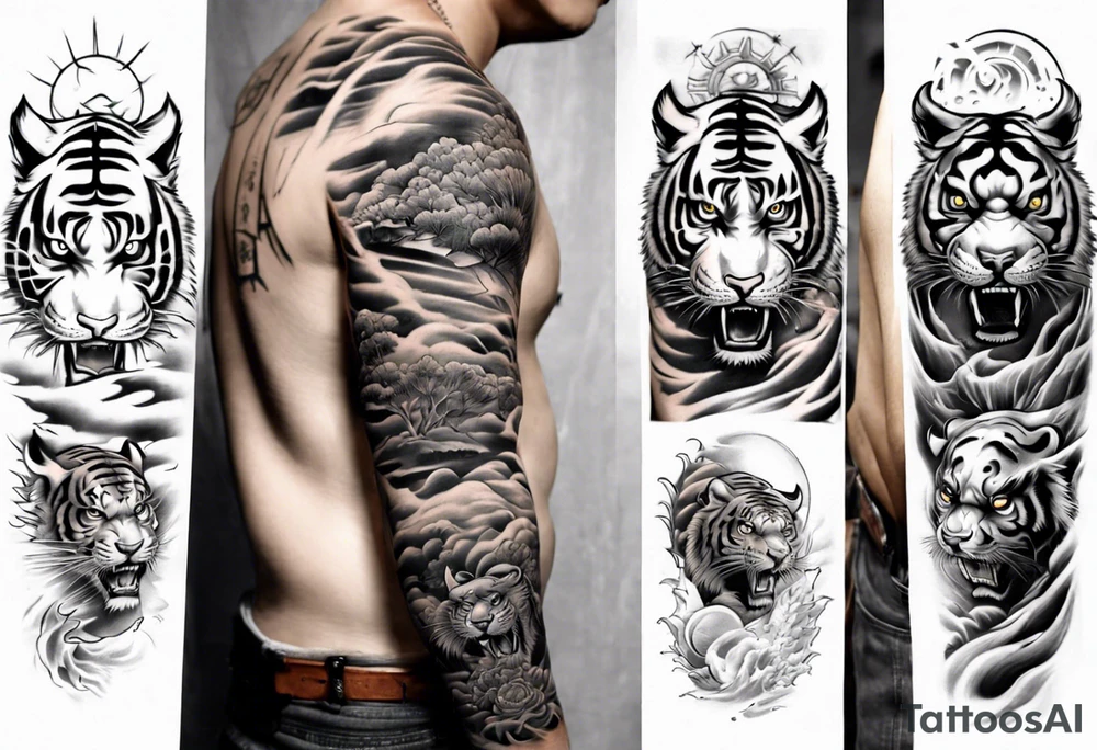 Tiger Warrior sleeve tattoo with lightning and the sun
Forearm sleeve tattoo idea