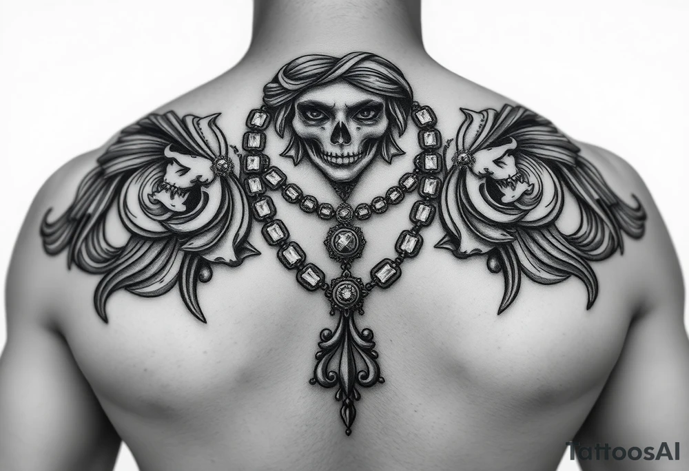 in base a quella statua modificala come se pregasse, con dei tatuaggi/statua rovinata, con collane d'oro, gioielli, criminale, stile tatuaggio bianco e nero, braccio, più femminile tattoo idea
