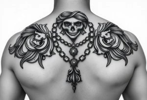 in base a quella statua modificala come se pregasse, con dei tatuaggi/statua rovinata, con collane d'oro, gioielli, criminale, stile tatuaggio bianco e nero, braccio, più femminile tattoo idea