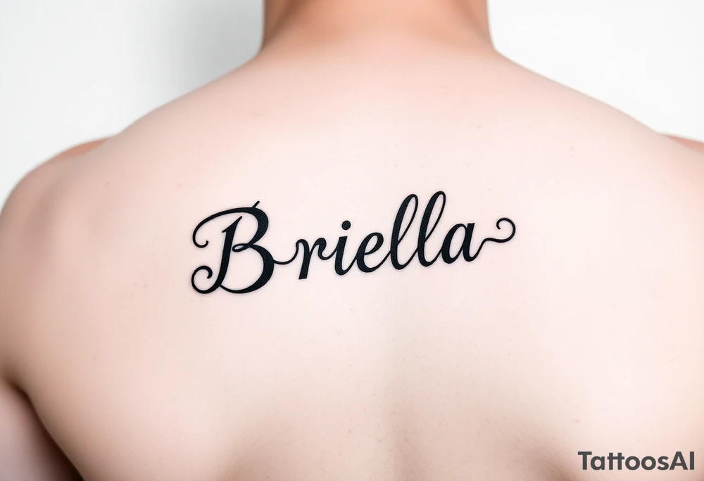 "Briella" in gothic font on hand along thumb tattoo idea