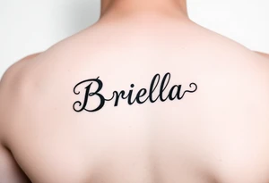 "Briella" in gothic font on hand along thumb tattoo idea