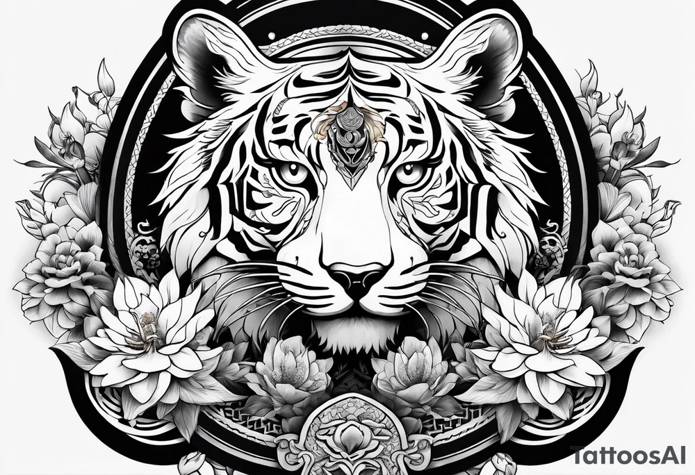 Japanese traditional style black and white Hamsa with tiger and crane  fighting inside tattoo idea