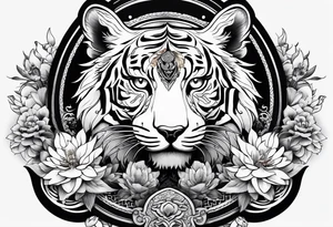 Japanese traditional style black and white Hamsa with tiger and crane  fighting inside tattoo idea