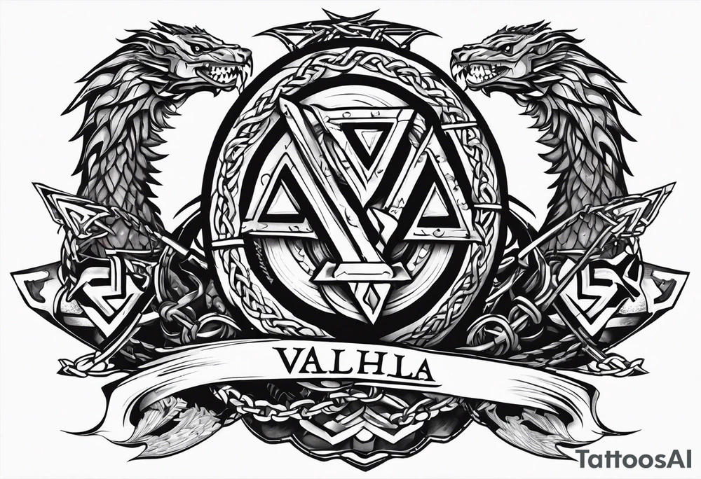 Valhalla sword shield dragon axe Valknut barbed wire chains tattoo idea Valhalla sword shield dragon axe Valknut barbed wire chains tattoo idea