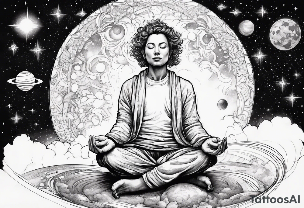 person meditating in space among the stars tattoo idea
