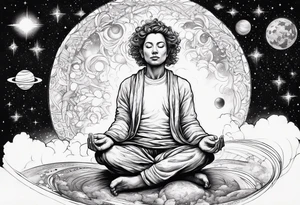 person meditating in space among the stars tattoo idea