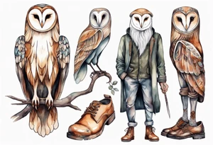a skinny man with long legs and the head of a barn owl wearing wool leggings and shoes with curled toes tattoo idea