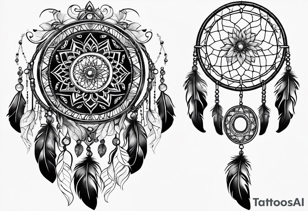 A black and white detailed dream catcher with a lot of shading tattoo idea