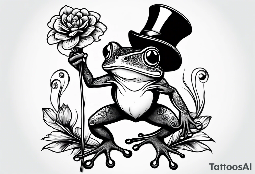 Cute Frog standing on back legs  in a top hat holding flowers to go on a date tattoo idea