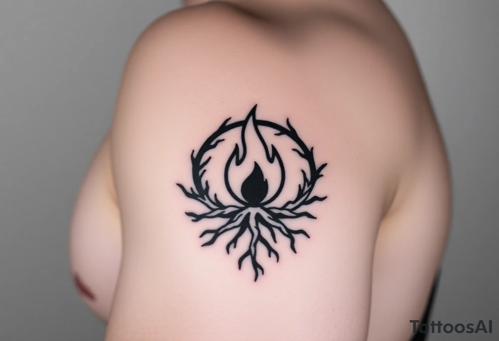 a round flame imprisoned in a roots circle tattoo idea