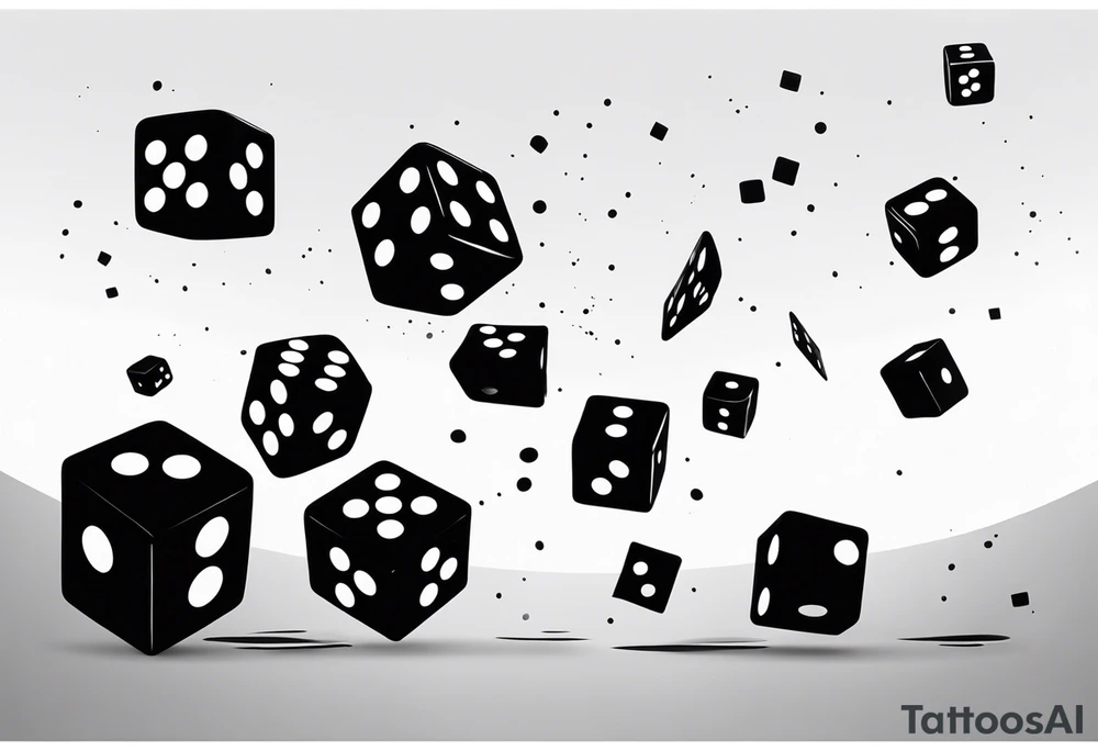 A black-and-white silhouette of multiple dice floating in mid-air, varying in size. The dice are depicted with bold, sharp lines, each featuring simple black dots to represent the pips, with no shading or gradients. The liquid-like substance surrounding the dice is illustrated with abstract, flowing shapes, suggesting motion and fluidity, but kept in stark black and white. The dark background contrasts with the bold black silhouettes, emphasizing the dynamic movement and unpredictability of the scene. The overall composition focuses on the sharp contrast between the dice and the swirling liquid forms, creating a sense of energy and motion through minimalist design. tattoo idea