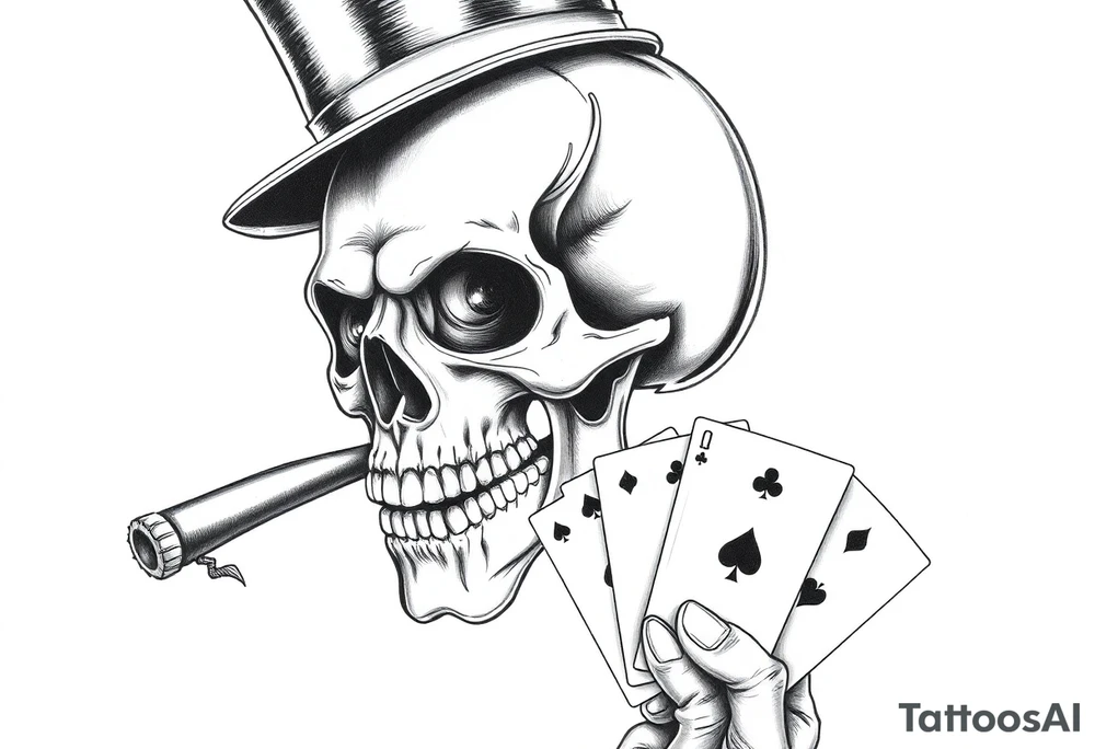 a skull with mustache, a big cigar in his mouth,top-hat on his head and playing cards in a hand. tattoo idea