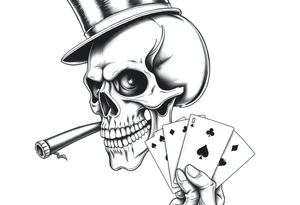 a skull with mustache, a big cigar in his mouth,top-hat on his head and playing cards in a hand. tattoo idea
