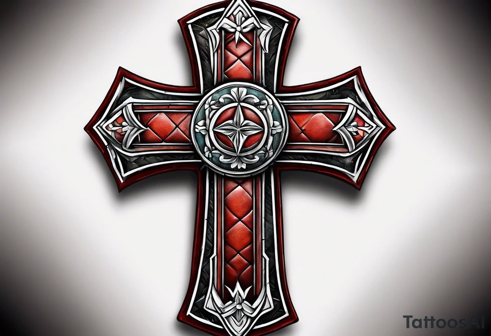 cross made out of football leather with stitches tattoo idea