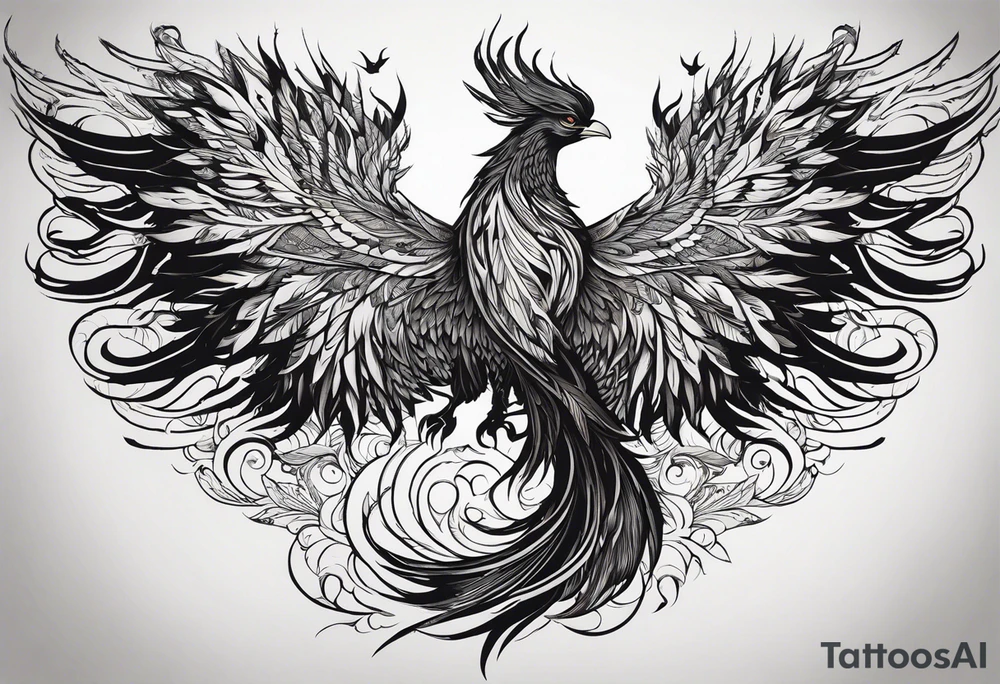 A majestic fire phoenix, rising powerfully with its wings spread wide and feathers flowing, representing rebirth and resilience. The phoenix is detailed with intricate feathers, creating a sense of movement and vitality. The design is bold, with deep shading and texture that adds dimension and intensity to its form. tattoo idea