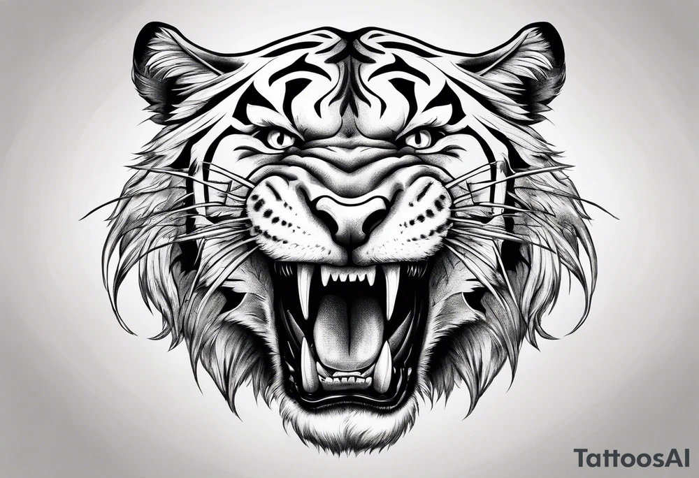 Sabertooth tiger with long fangs straight on view with fangs hanging down tattoo idea