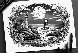 tattoo design of a serene seascape, with a lighthouse in the distance, guiding ships through the night tattoo idea