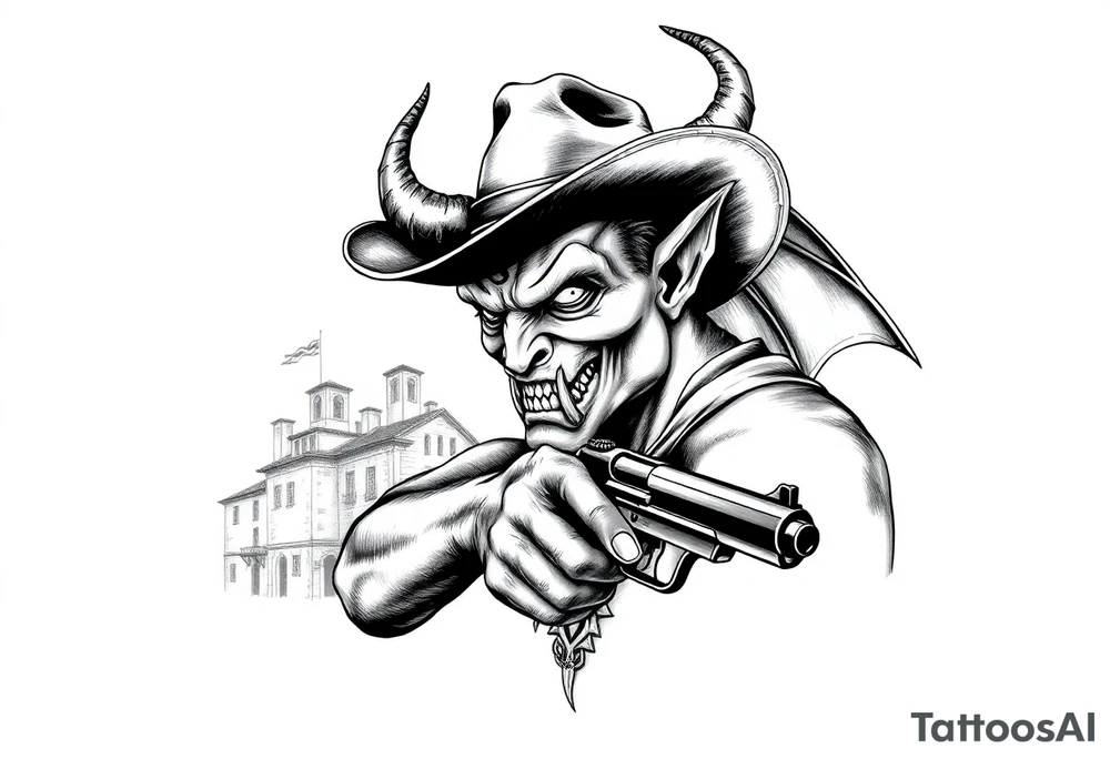 a demon with cowboy-hat ,a gun in a hand, old buildings in the background. tattoo idea