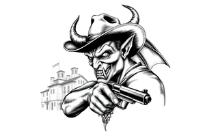 a demon with cowboy-hat ,a gun in a hand, old buildings in the background. tattoo idea